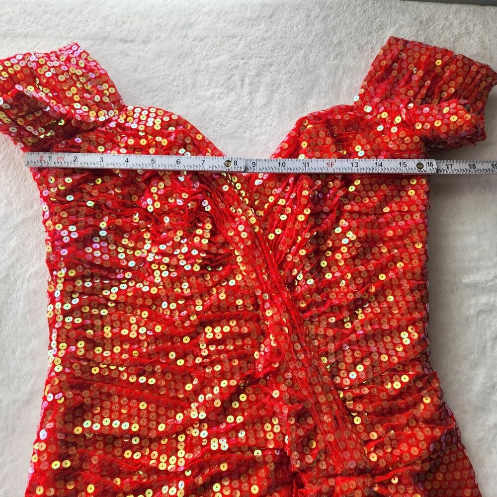 Vtg 90s Vicky Tiel Red Sequin Dress Sz‎ 44 Paris Couture Off Shoulder Cocktail - Picture 15 of 16